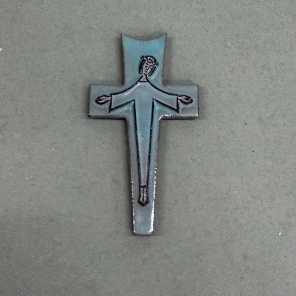 Vintage Mid Century Modern Ceramic Wall Cross Turquoise Blue Germany K531 5.25"